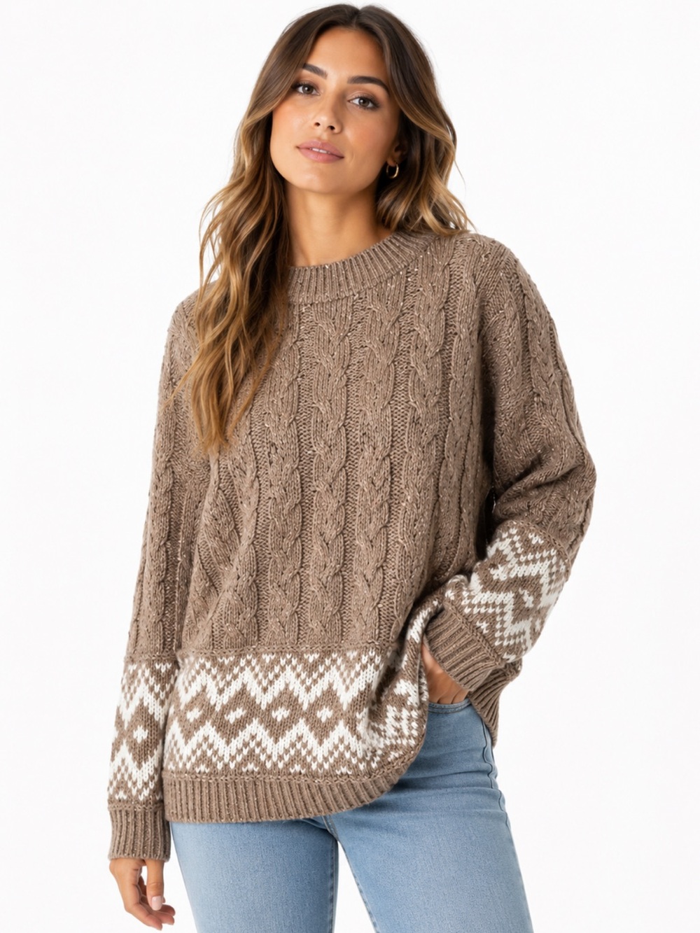 Jon & Anna Cable Knit Fair Isle Sweater Brown Cream Size L Cozy Nordic